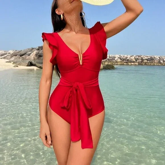 Red Casual Womens Ruffle Trim Belted One Piece Swimsuit - Picture 1 of 4